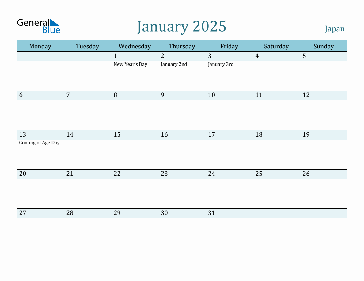 Japan Holiday Calendar for January 2025