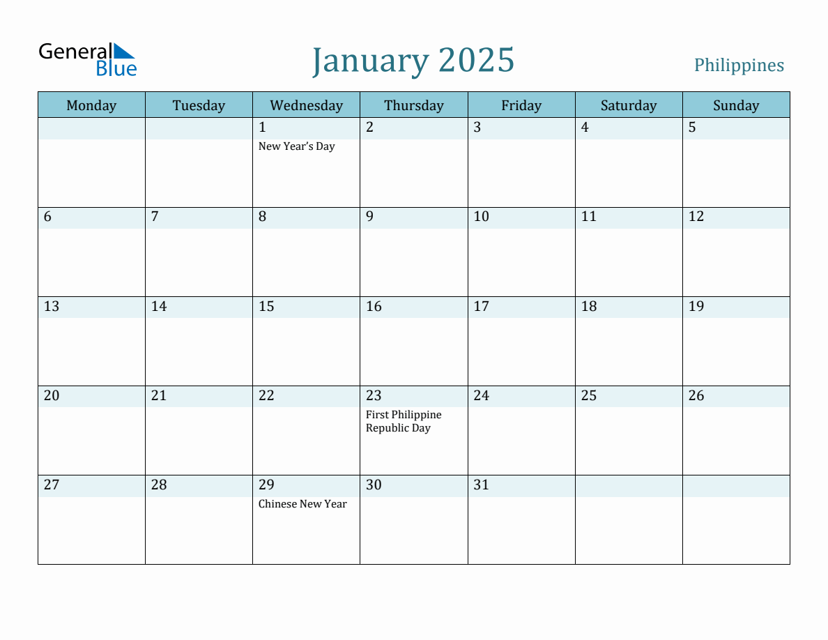 Philippines Holiday Calendar for January 2025