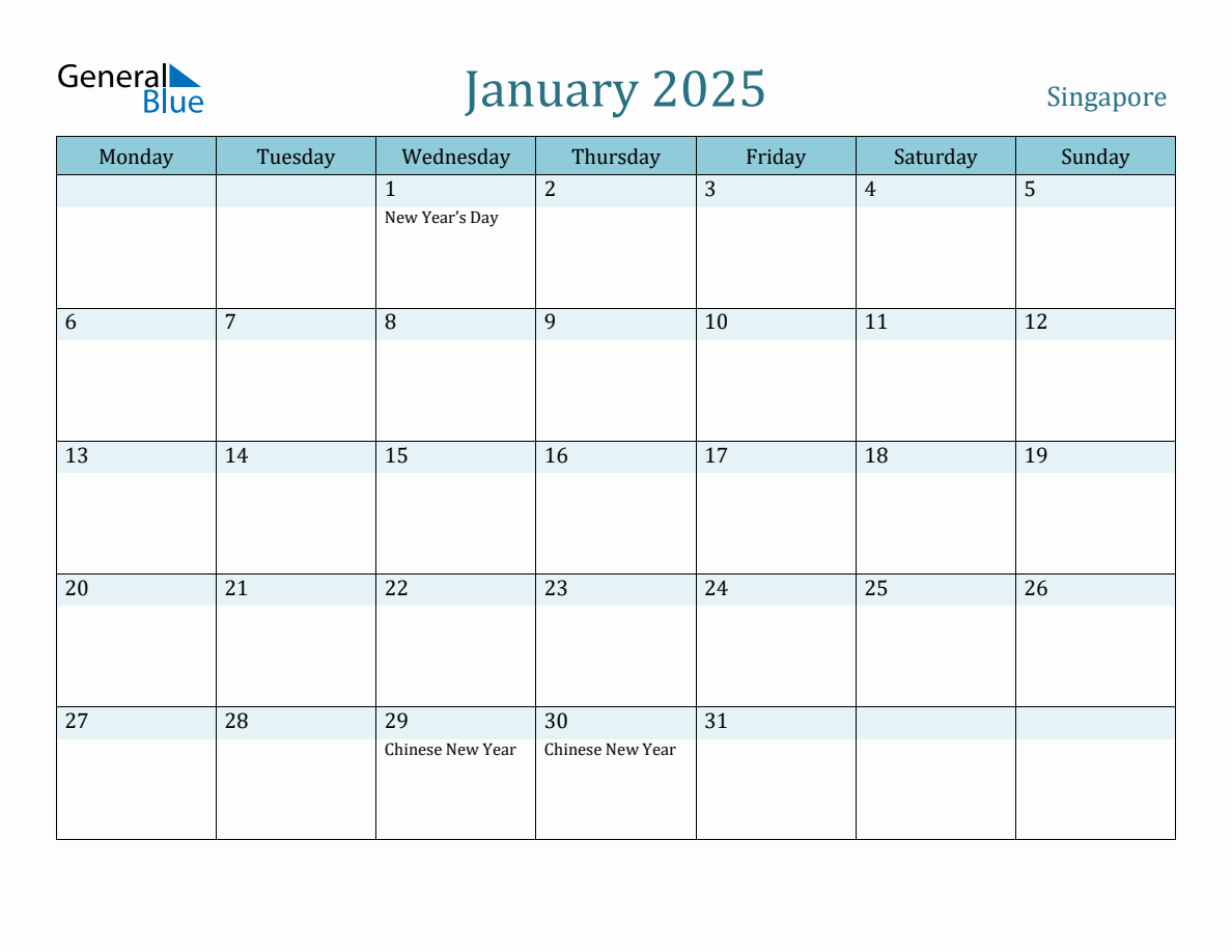 Singapore Holiday Calendar for January 2025