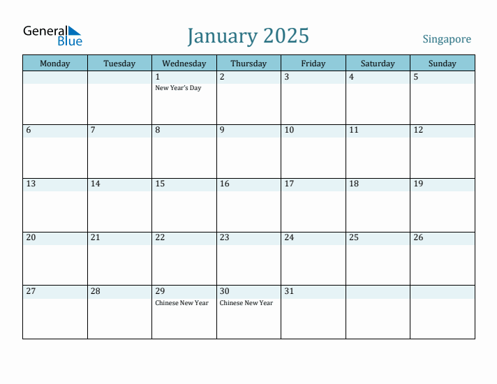 January 2025 Singapore Monthly Calendar with Holidays