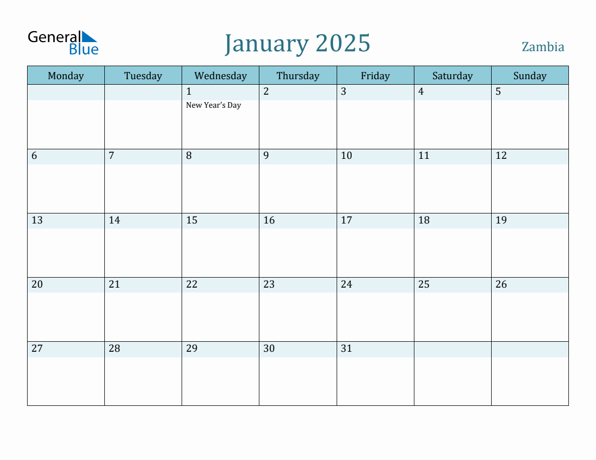 Zambia Holiday Calendar for January 2025