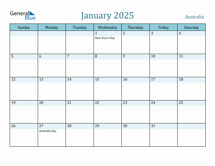 Australia Holiday Calendar for January 2025