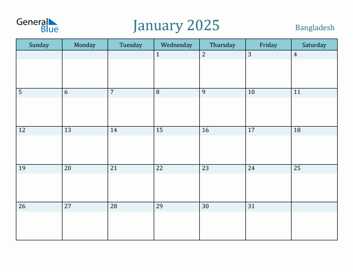 January 2025 Monthly Calendar with Bangladesh Holidays