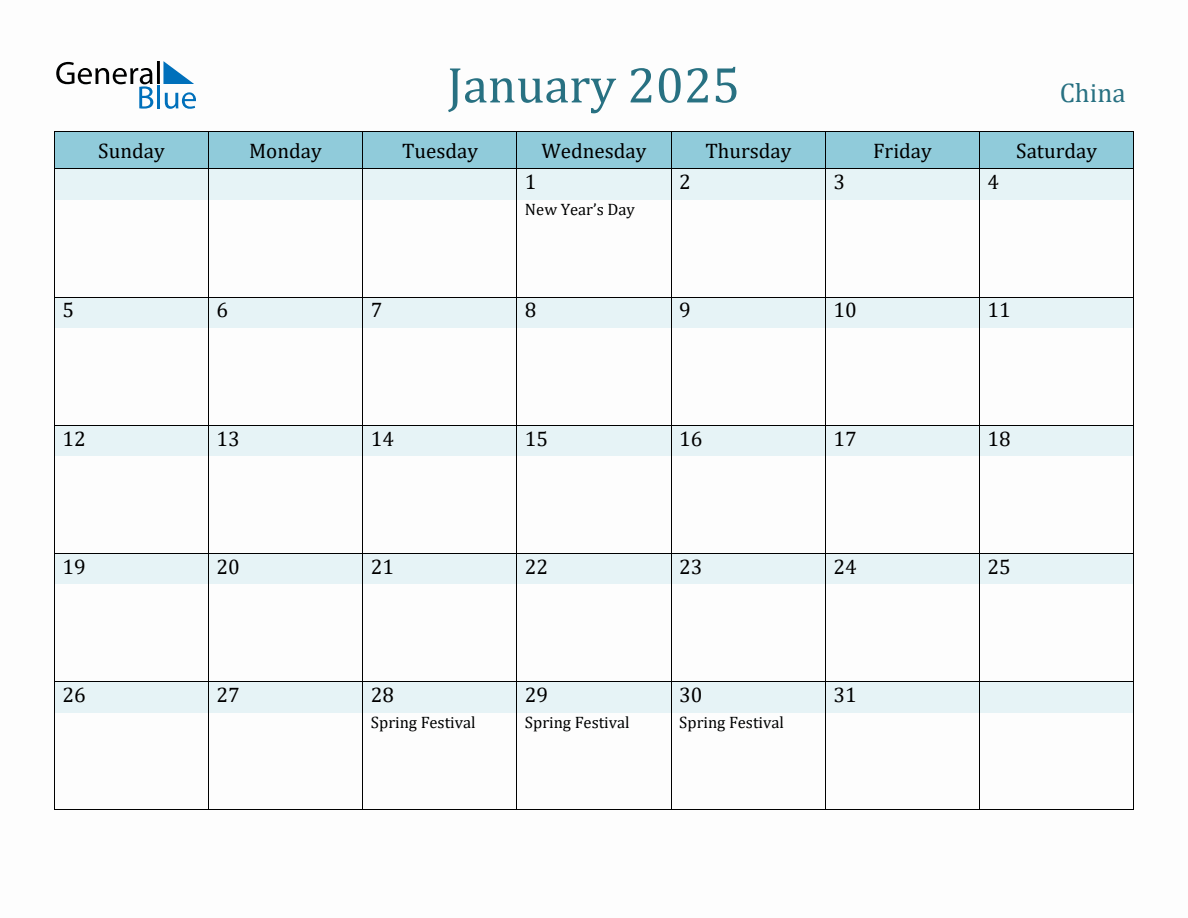 China Holiday Calendar for January 2025