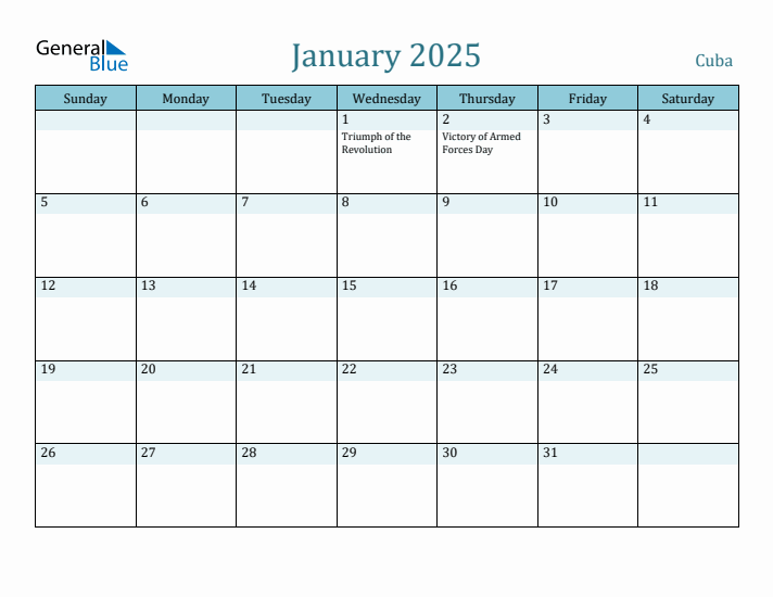 January 2025 Planner with Cuba Holidays