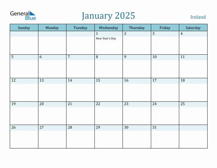 January 2025 Monthly Calendar with Ireland Holidays
