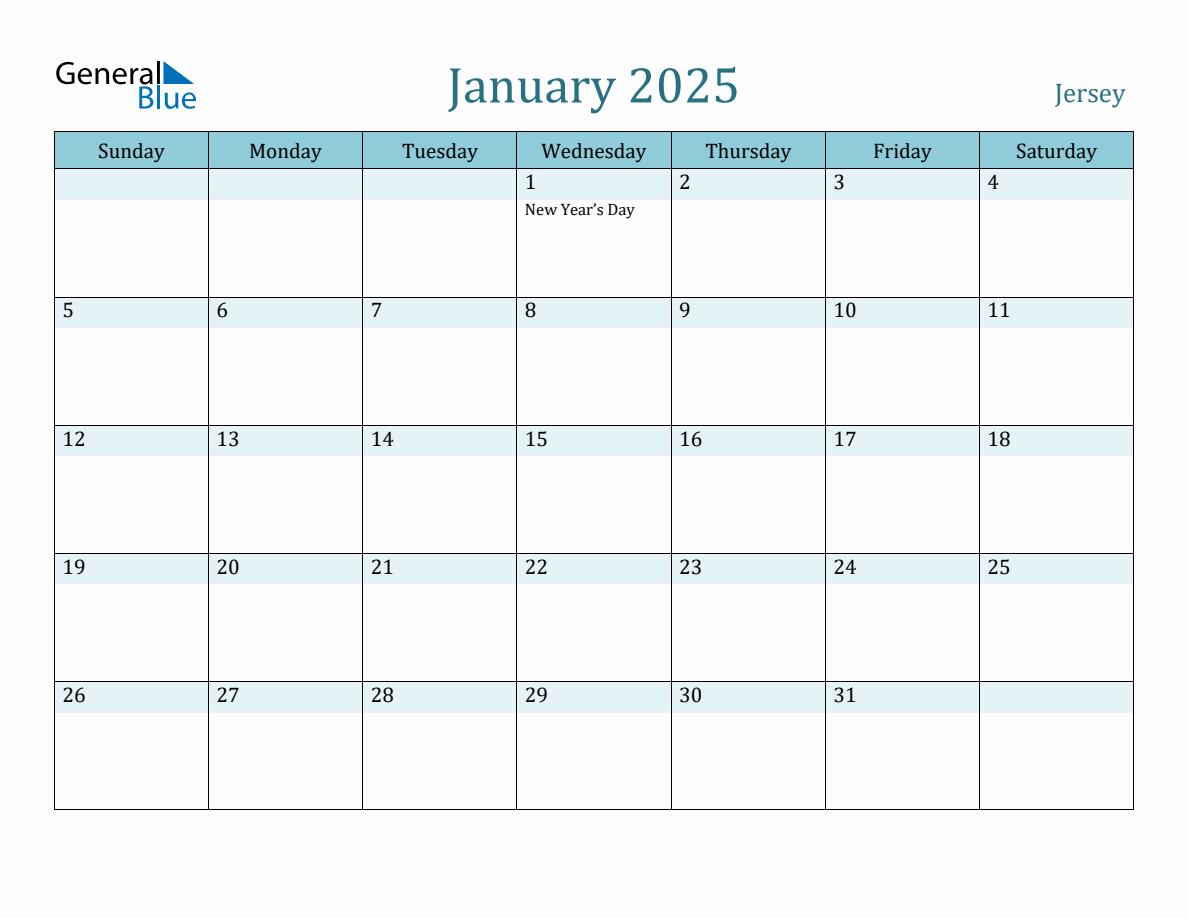 Jersey Holiday Calendar for January 2025