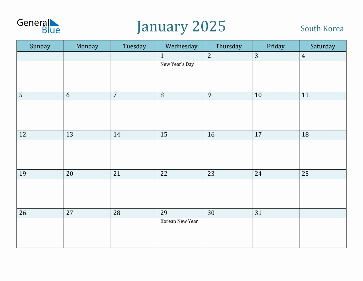 South Korea Holiday Calendar for January 2025