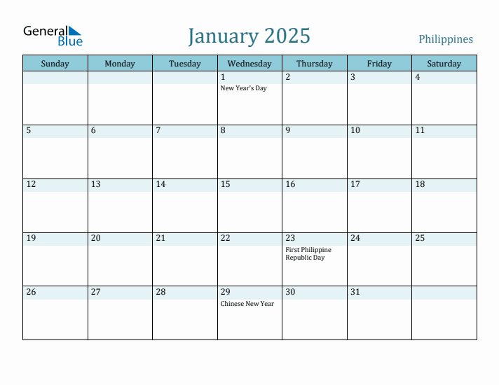 January 2025 Monthly Calendar with Philippines Holidays