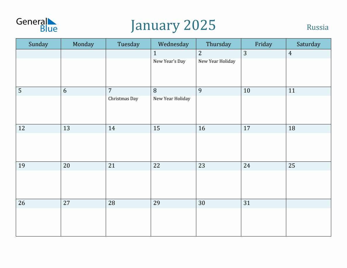 Russia Holiday Calendar for January 2025