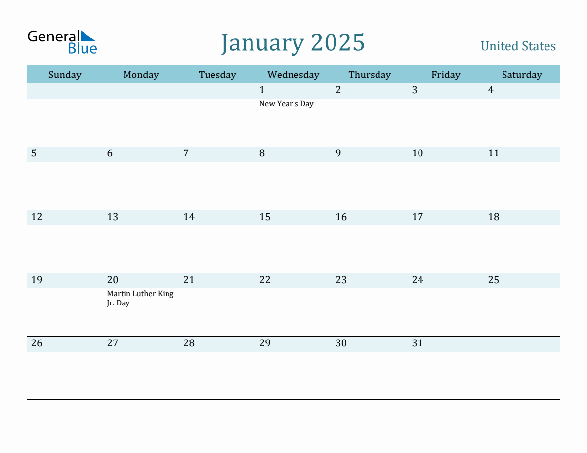 United States Holiday Calendar for January 2025