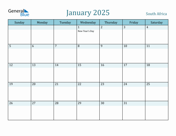January 2025 Monthly Calendar with South Africa Holidays