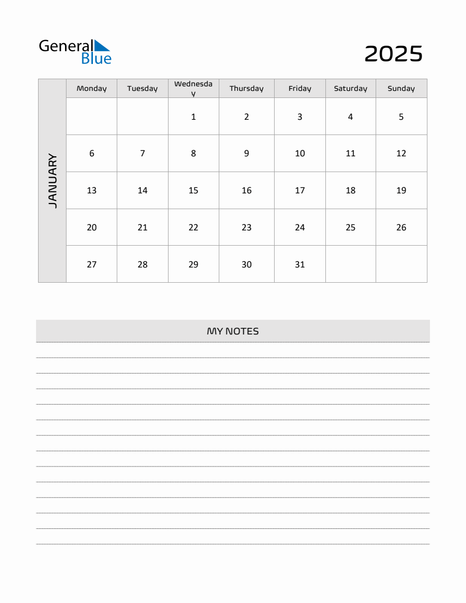 January 2025 Printable Monthly Calendar with Notes