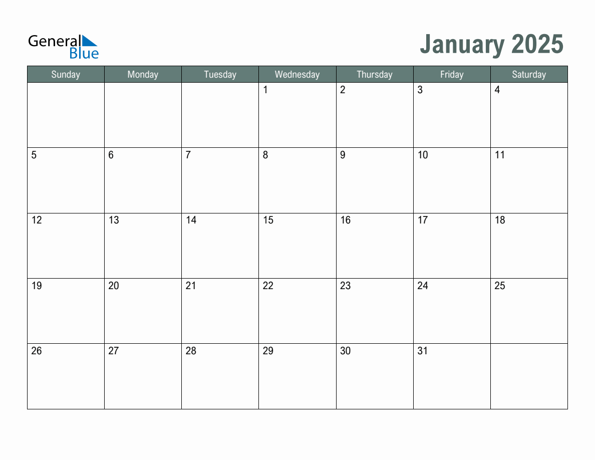 Blank January 2025 Monthly Calendar Template