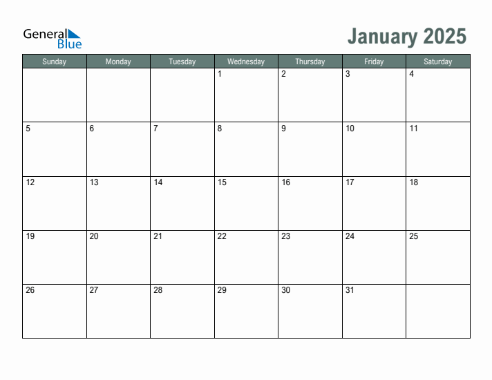 Free Printable January 2025 Calendar