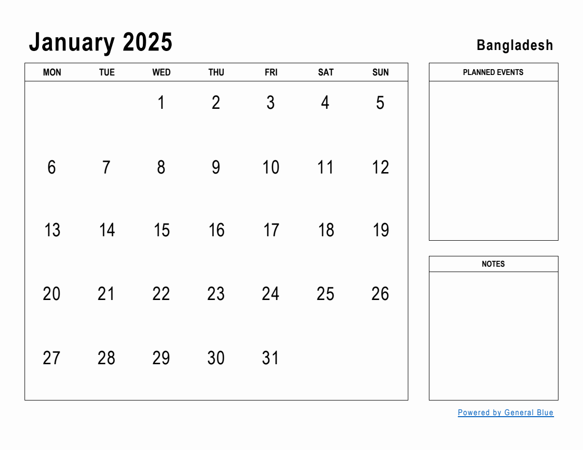 January 2025 Planner with Bangladesh Holidays