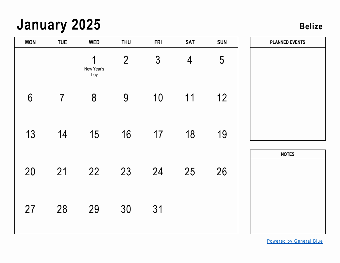 January 2025 Planner with Belize Holidays