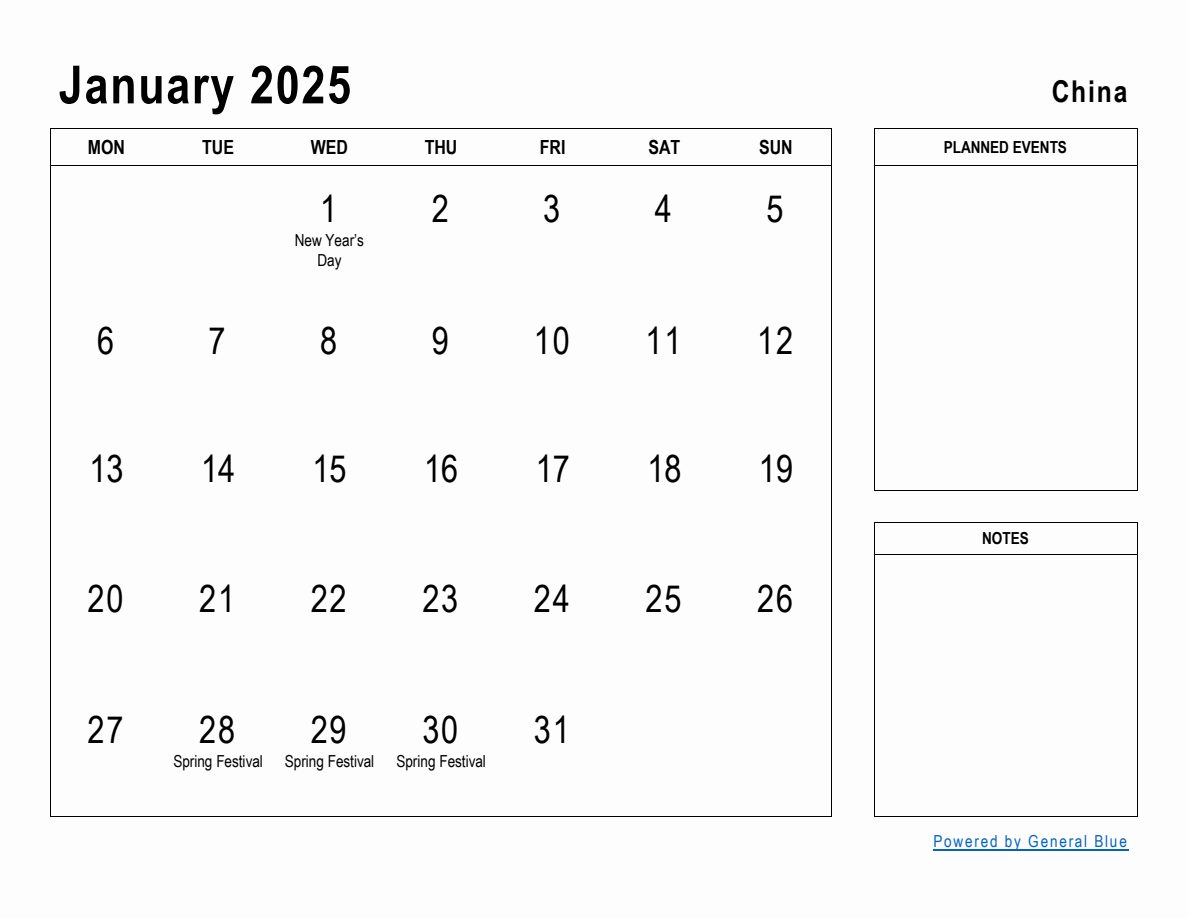 January 2025 Planner with China Holidays