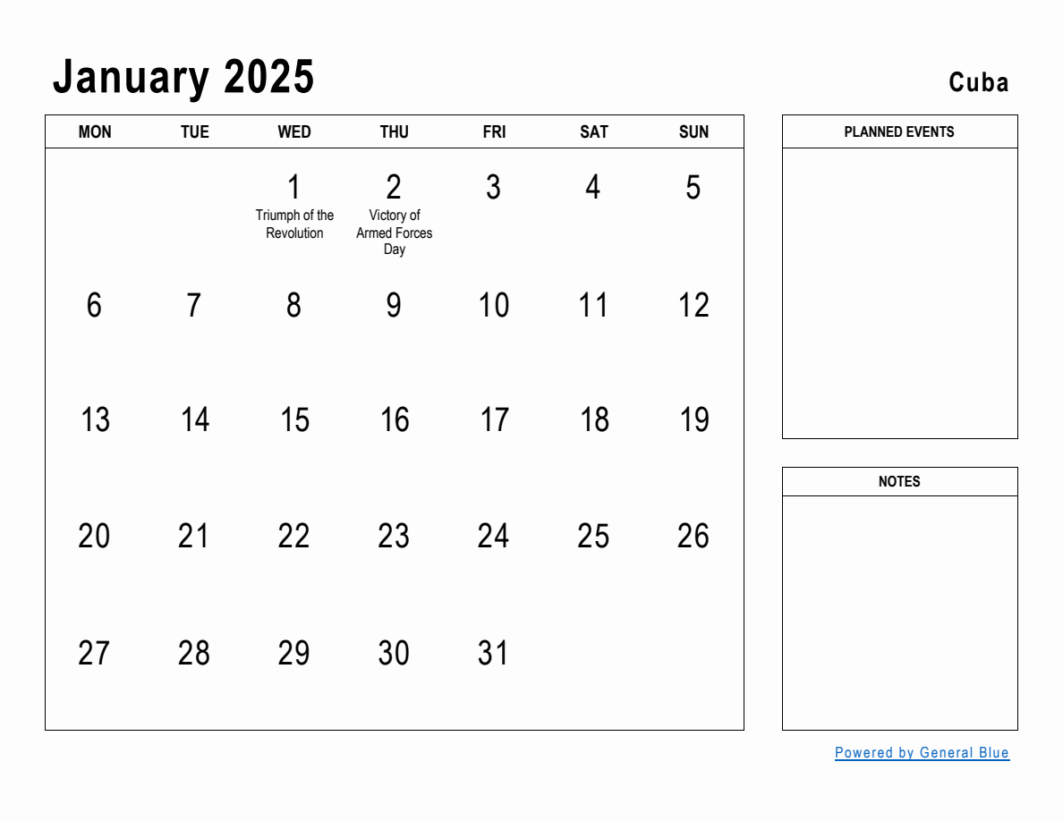 January 2025 Planner with Cuba Holidays