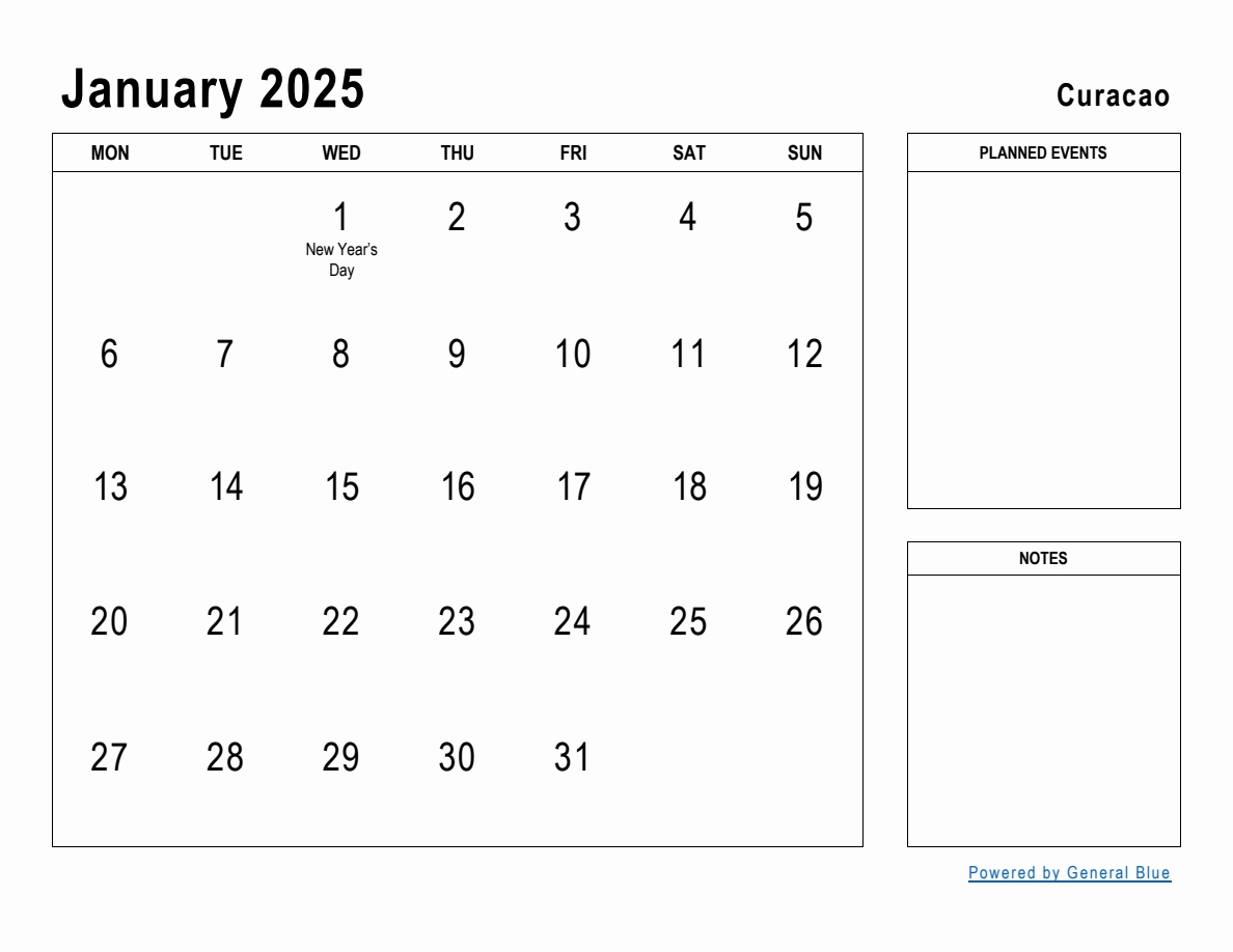 January 2025 Planner with Curacao Holidays