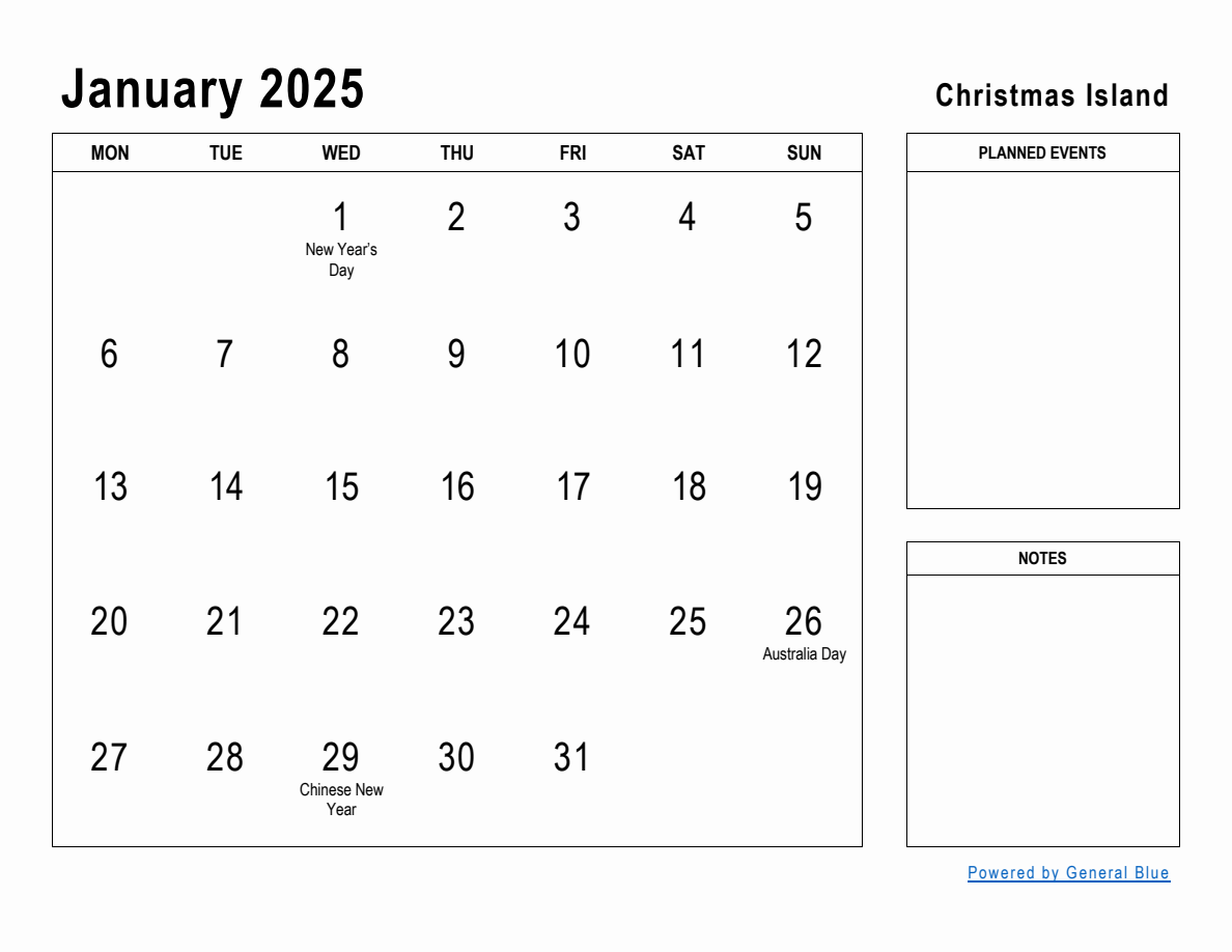 January 2025 Planner with Christmas Island Holidays