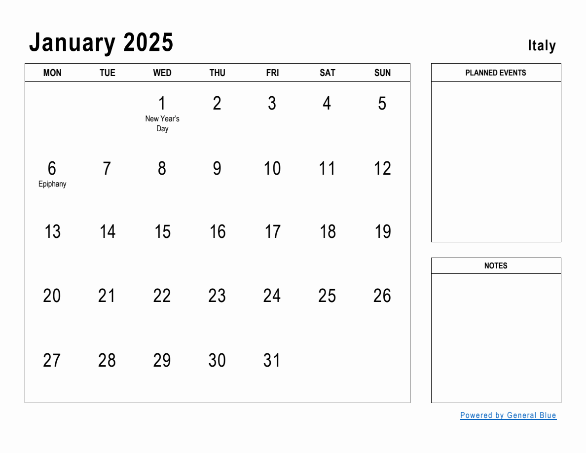 January 2025 Planner with Italy Holidays