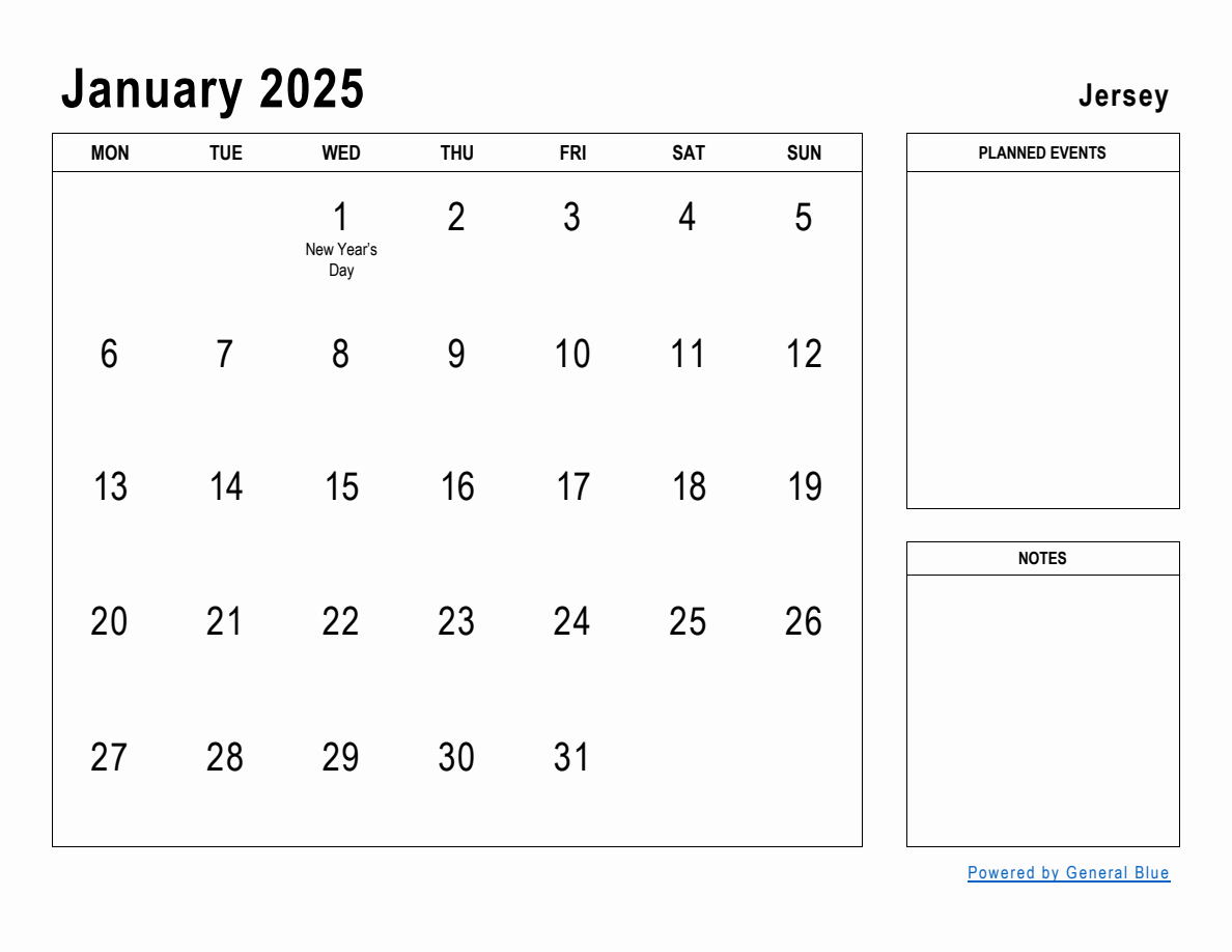 January 2025 Planner With Jersey Holidays