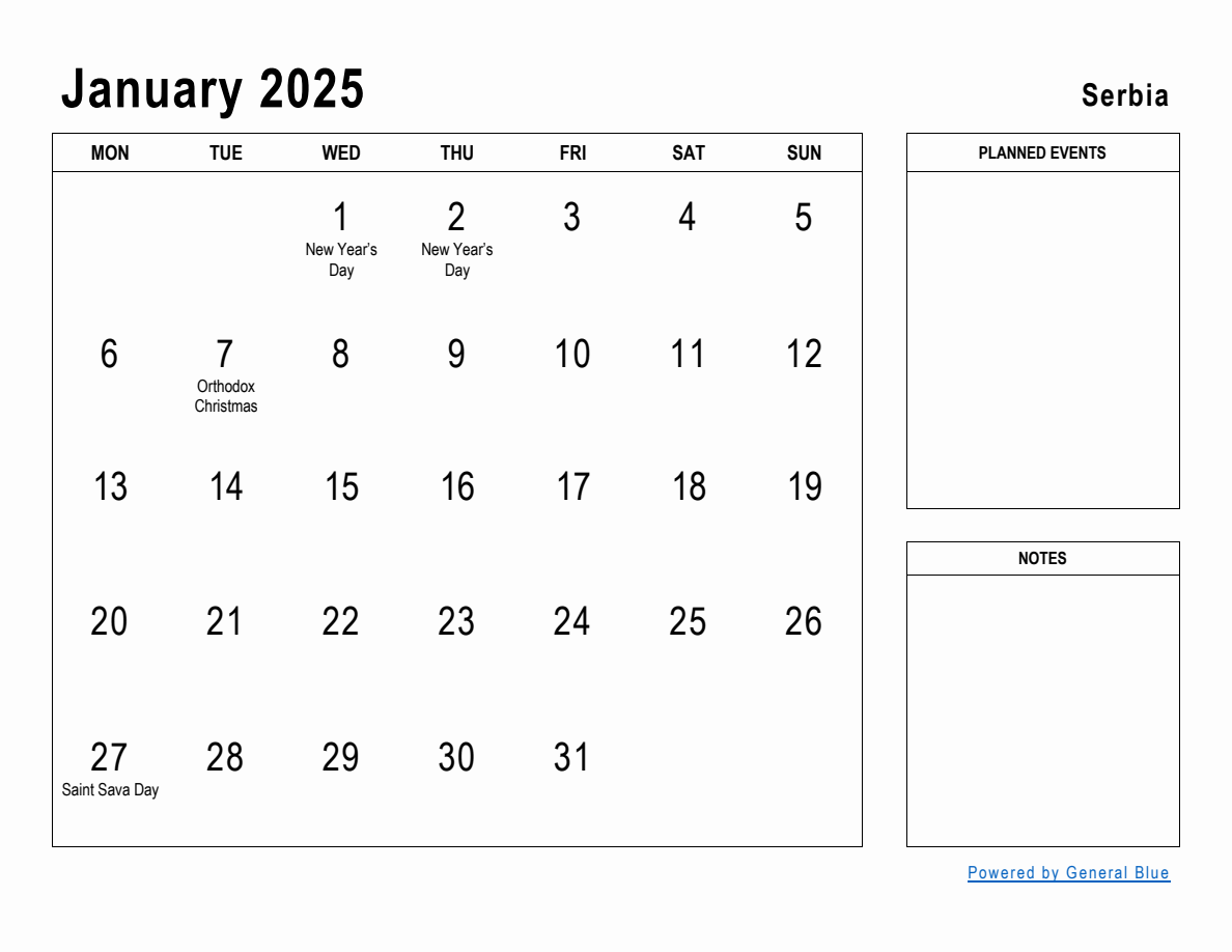 January 2025 Planner with Serbia Holidays