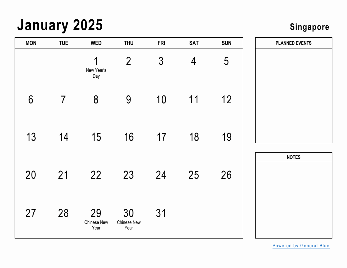 January 2025 Planner with Singapore Holidays