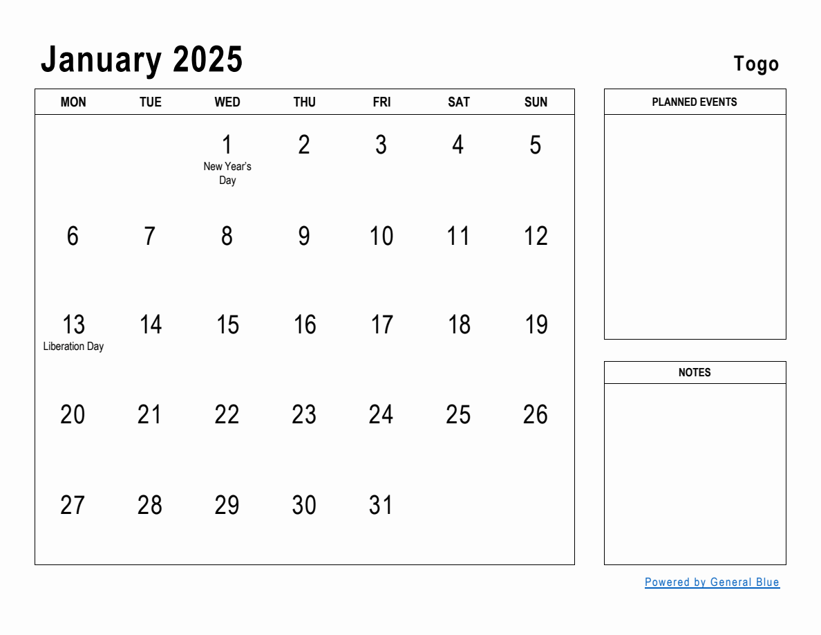 January 2025 Planner with Togo Holidays