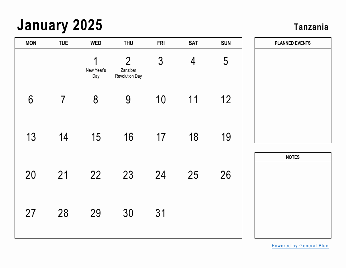 January 2025 Planner with Tanzania Holidays