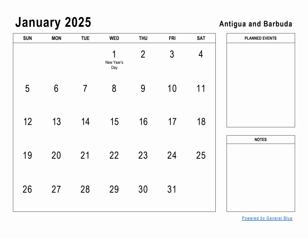 January 2025 Planner with Antigua and Barbuda Holidays