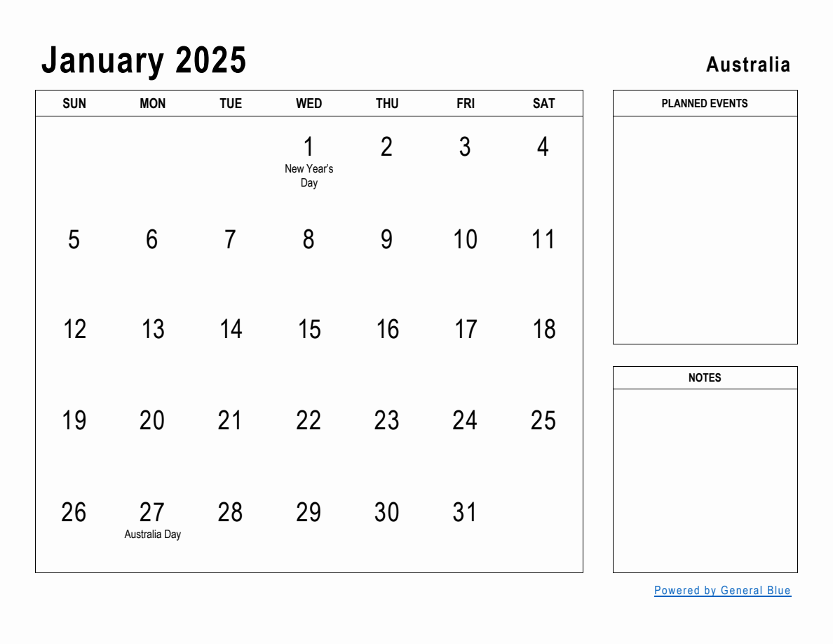 January 2025 Planner with Australia Holidays