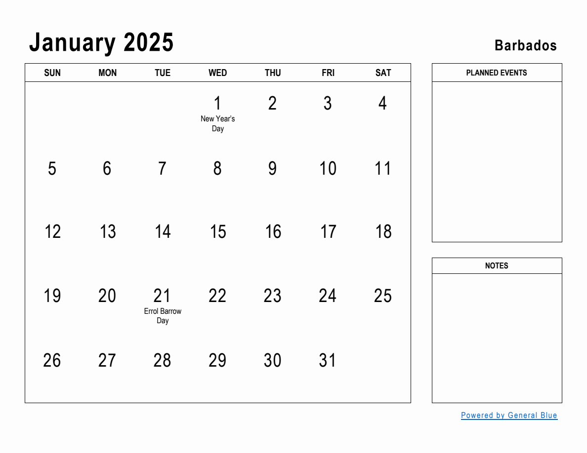 January 2025 Planner with Barbados Holidays