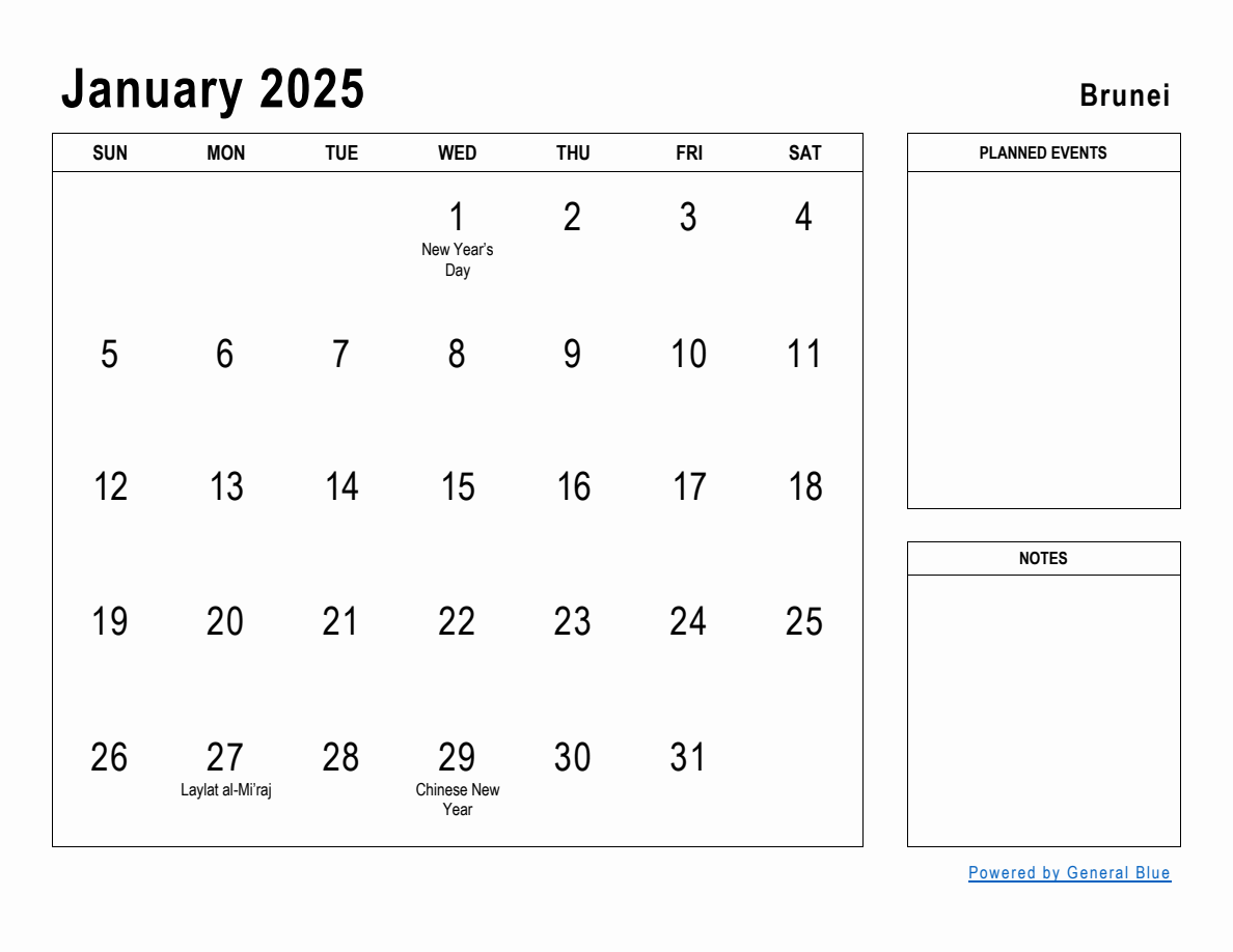 January 2025 Planner with Brunei Holidays