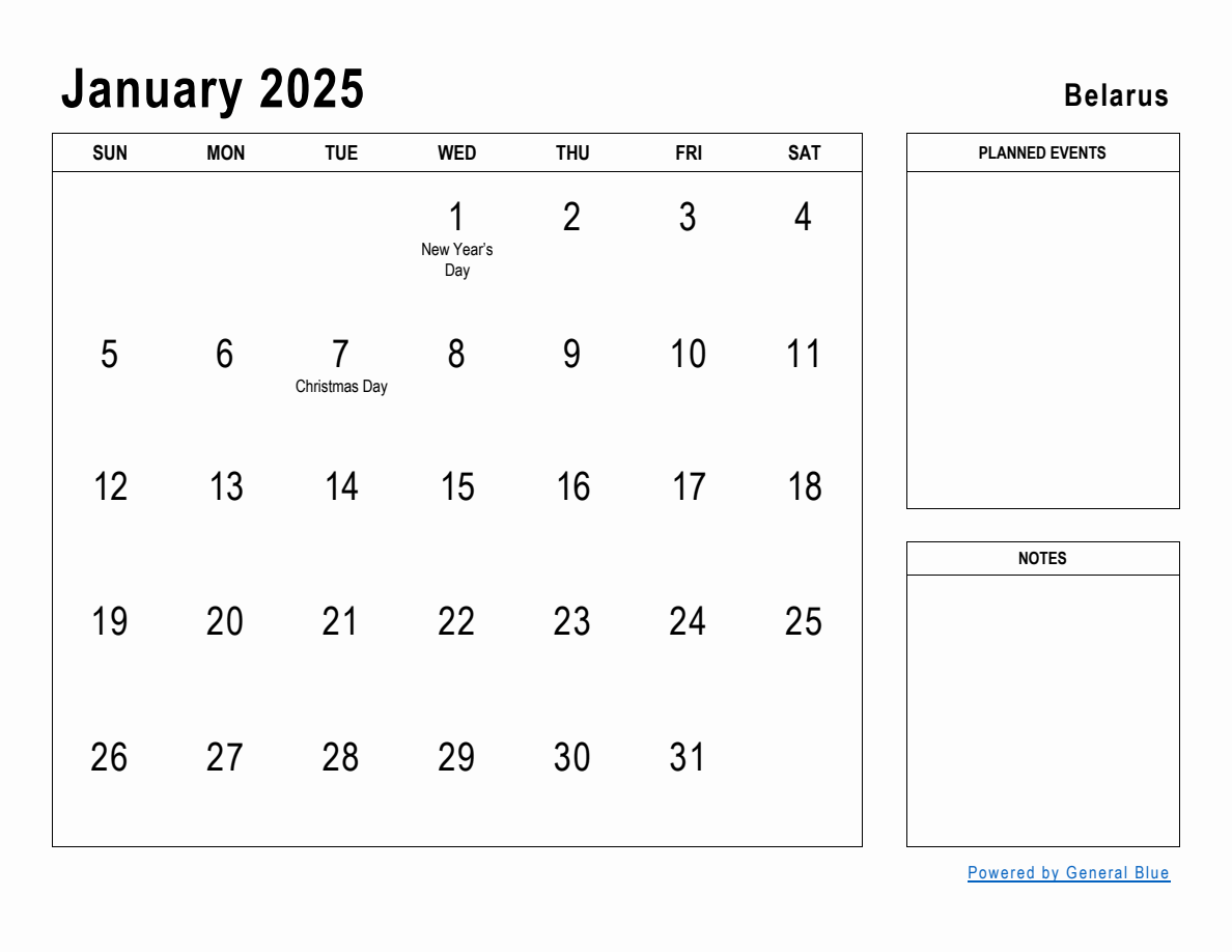 January 2025 Planner with Belarus Holidays