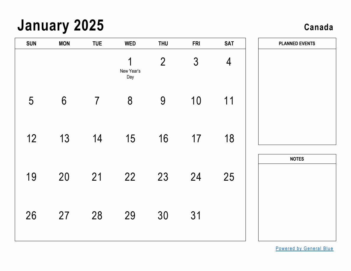 2025 January Calendar Canada With Holidays In