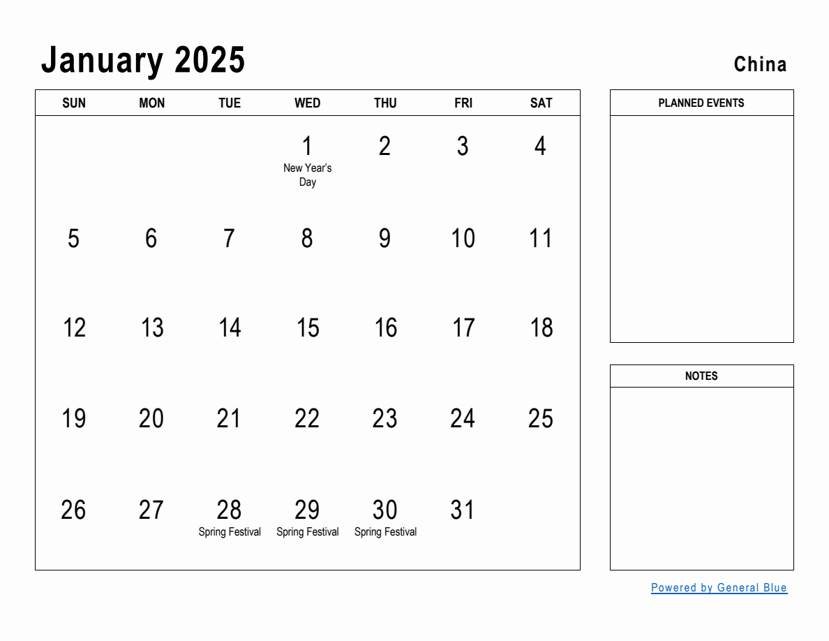 January 2025 Planner with China Holidays