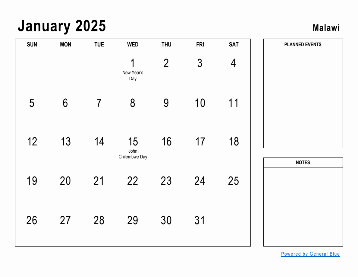 January 2025 Planner with Malawi Holidays