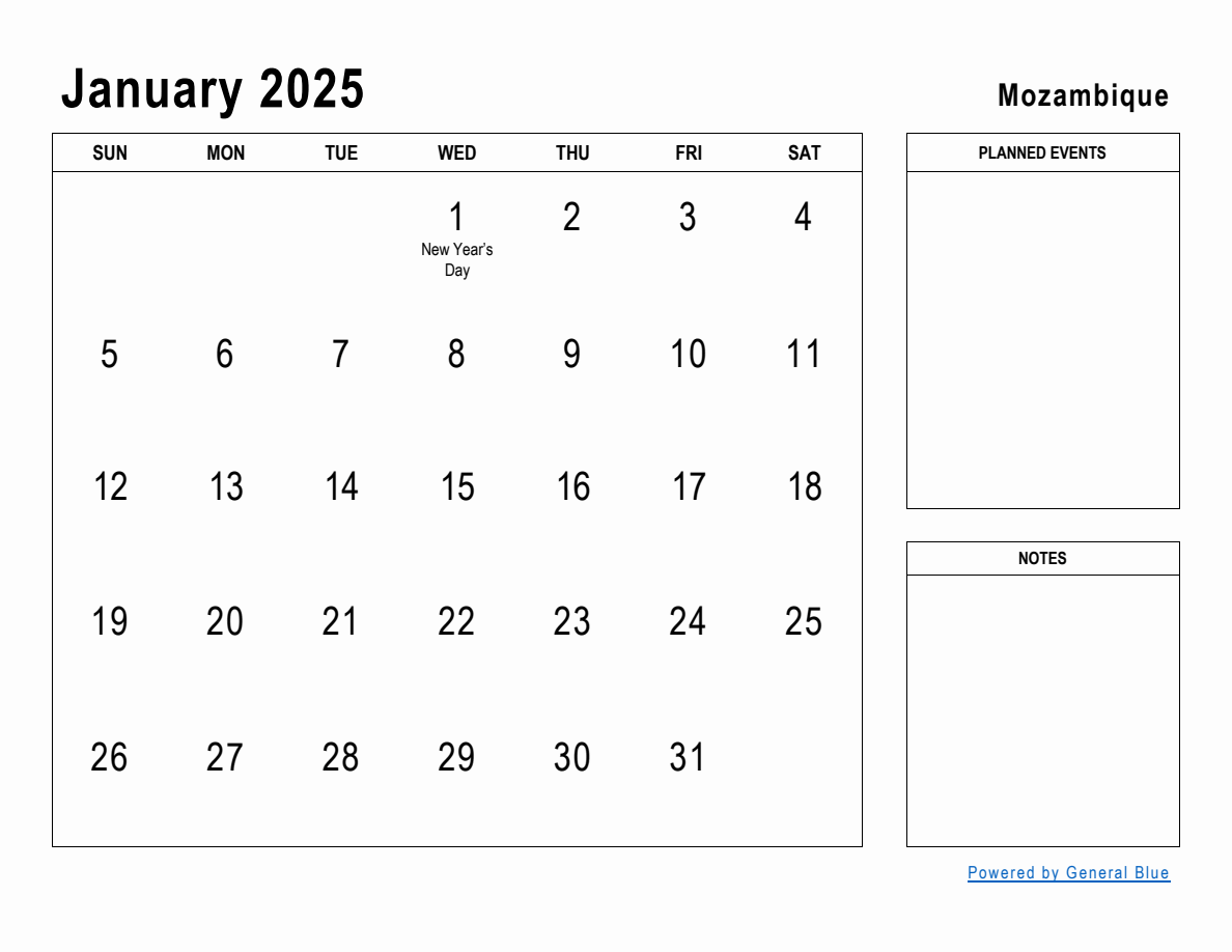 January 2025 Planner with Mozambique Holidays