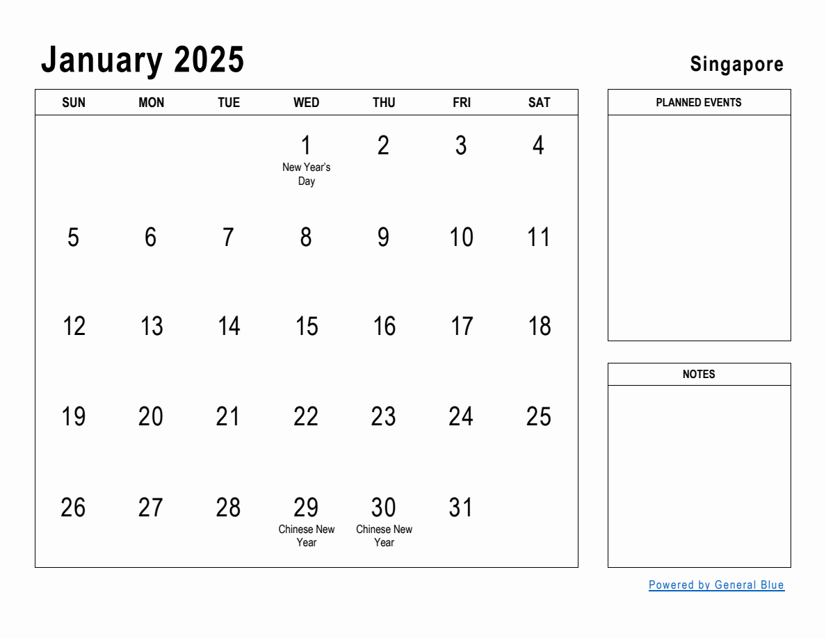 January 2025 Planner with Singapore Holidays