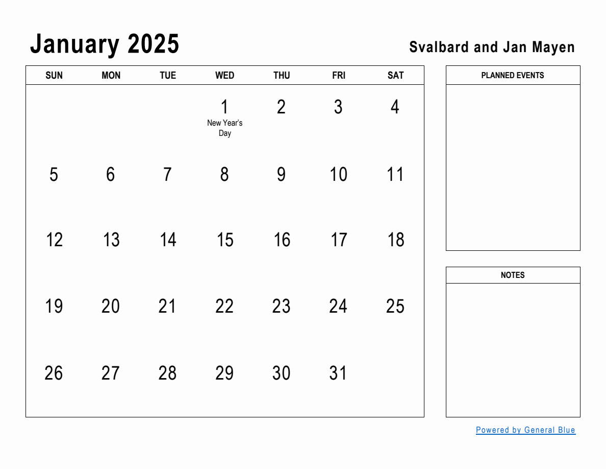 January 2025 Planner with Svalbard and Jan Mayen Holidays