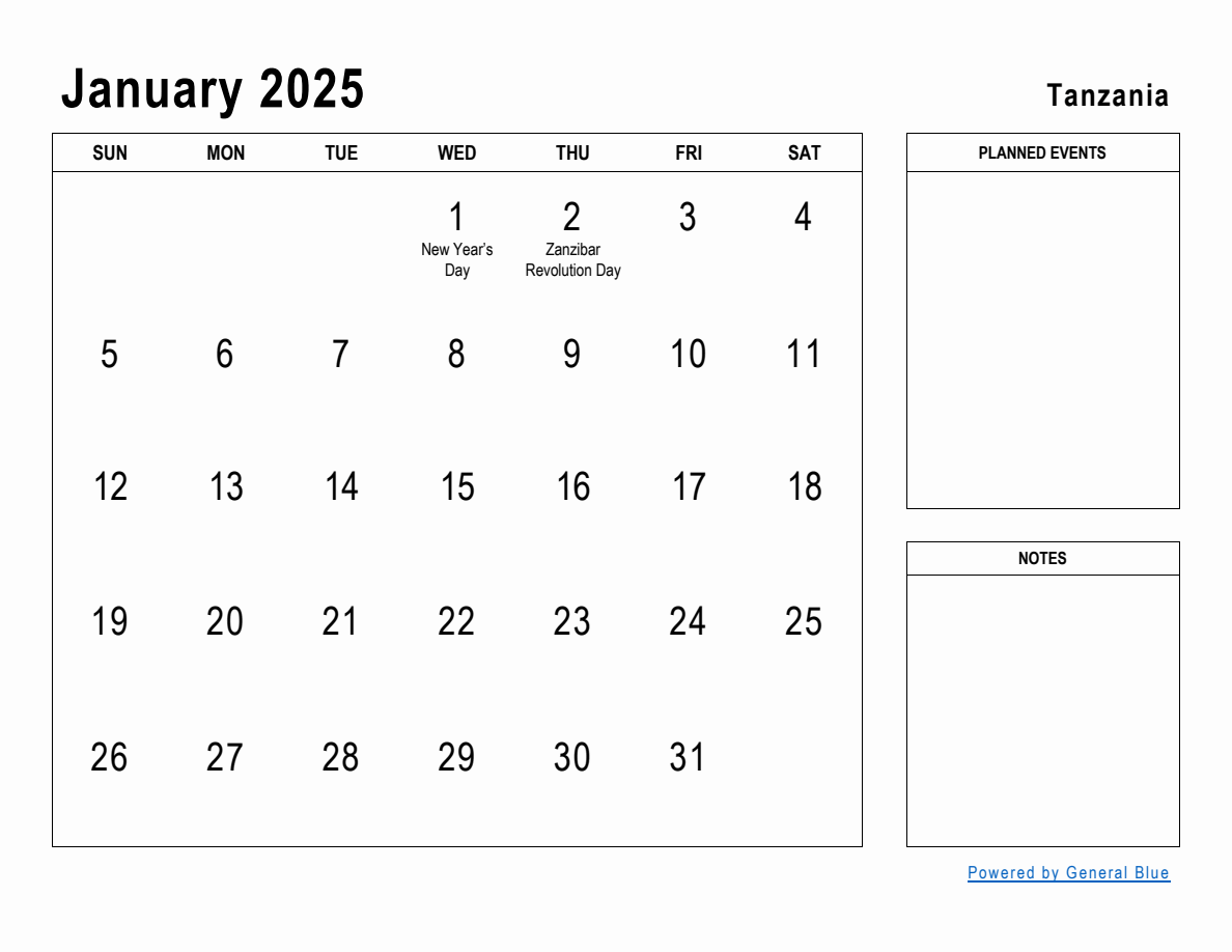 January 2025 Planner with Tanzania Holidays