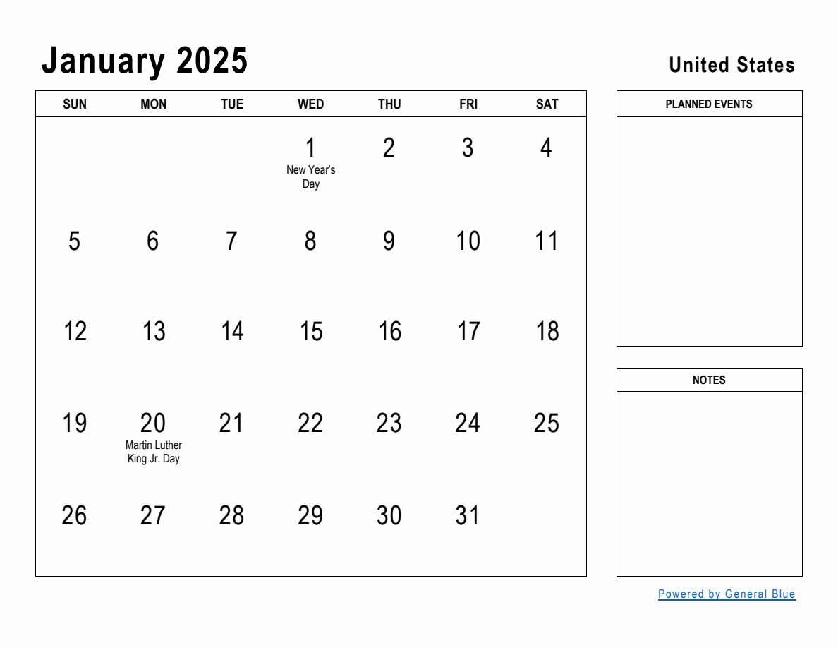 January 2025 Planner with United States Holidays