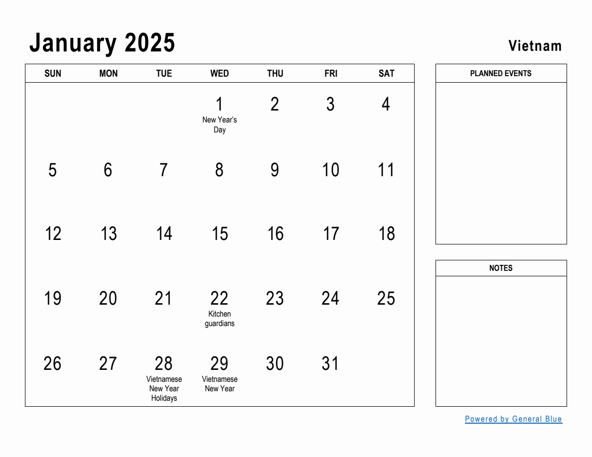 January 2025 Planner with Vietnam Holidays