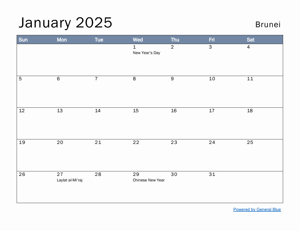 Free Monthly Calendar Template for January 2025 with Brunei Holidays