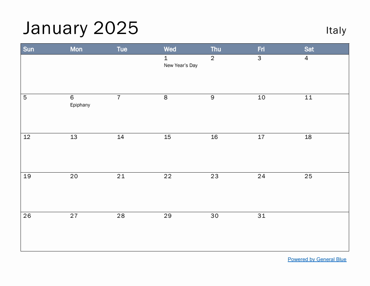 Free Monthly Calendar Template for January 2025 with Italy Holidays