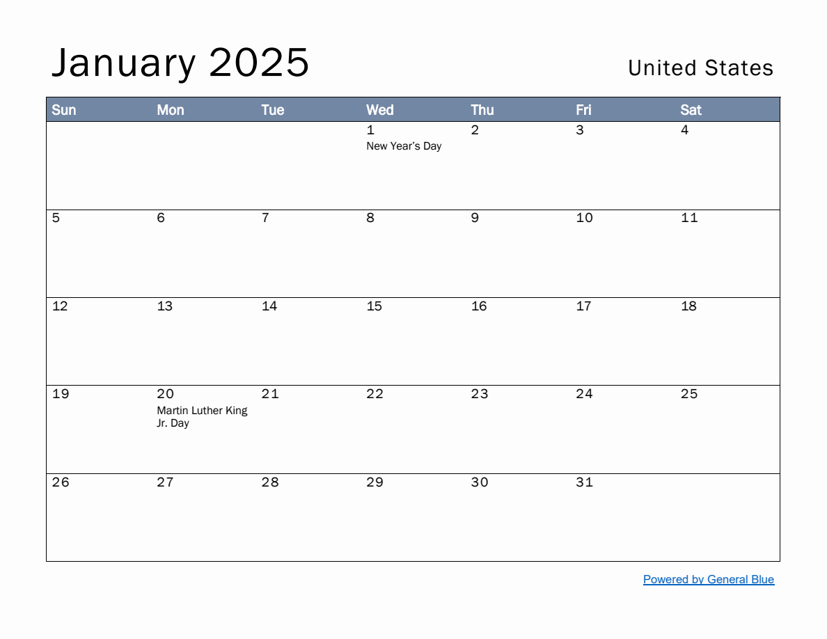 Free Monthly Calendar Template for January 2025 with United States Holidays