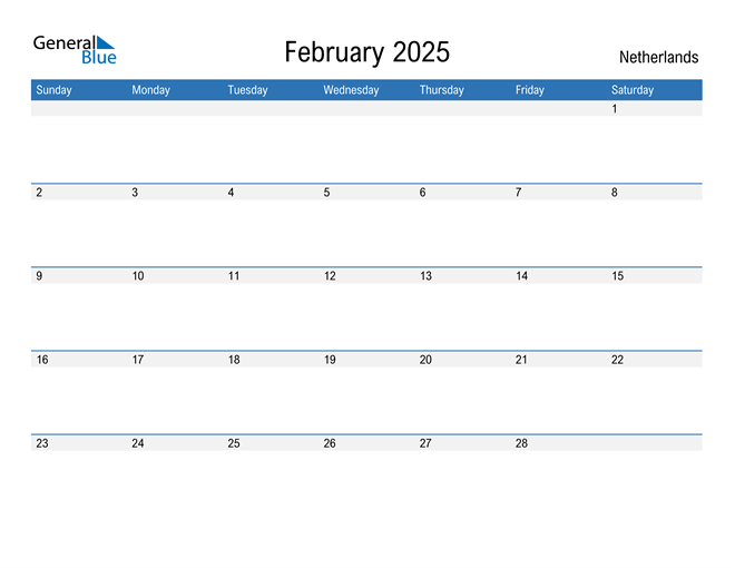 February 2025 Calendar with Netherlands Holidays