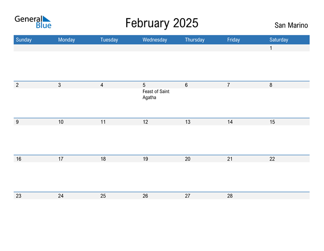 February 2025 Calendar with San Marino Holidays